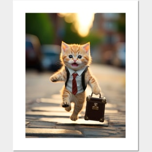 business kitty running with suitcase Posters and Art